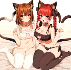 Rule 34 | 2girls, animal ear legwear, animal ears, bell, black legwear, black panties, blush, bow, bra, braid, breasts, brown hair, cat cutout, cat ear legwear, cat ear panties, cat ears, cat lingerie, cat tail, chen, choker, cleavage, cleavage cutout, clothing cutout, extra ears, fang, fang out, frilled bra, frills, gradient background, hair between eyes, hair bow, heart, heart tail, jingle bell, kaenbyou rin, lingerie, long hair, looking at viewer, marota, meme attire, multiple girls, multiple tails, navel, neck bell, open mouth, panties, paw pose, red eyes, red hair, short hair, side-tie panties, sitting, skin fang, small breasts, smile, stomach, tail, thighhighs, thighs, touhou, twin braids, two tails, underwear, underwear only, white background, white bra, white legwear, white panties