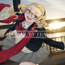 Rule 34 | 1girl, black hairband, black jacket, blonde hair, blue eyes, blush, bow, bowtie, cardigan, collared shirt, cowboy shot, dekomegane, glasses, grey skirt, hairband, jacket, long hair, looking at viewer, open clothes, open jacket, open mouth, original, outdoors, outstretched arms, photo background, railing, red-framed eyewear, red bow, red bowtie, red scarf, sasetsu, scarf, school uniform, shirt, skirt, sky, smile, solo, spread arms, sun, thick eyebrows, water