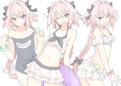 Rule 34 | 10s, 1boy, ;d, astolfo (fate), astolfo (femboy idol) (fate), astolfo (sparkling frills) (fate), bare arms, bare shoulders, bikini, bikini skirt, bikini top only, black bow, black one-piece swimsuit, black ribbon, blue bikini, blush, bow, braid, closed mouth, collarbone, commentary request, fang, fate/apocrypha, fate/extella, fate/extella link, fate/extra, fate (series), from side, groin, hair between eyes, hair bow, hair intakes, hair ribbon, half-closed eyes, halterneck, head tilt, heart, holding, innertube, long hair, looking at viewer, looking to the side, male focus, miniskirt, mobu, multicolored hair, multiple views, name tag, navel, off-shoulder bikini, off shoulder, official alternate costume, old school swimsuit, one-piece swimsuit, one eye closed, open mouth, pink bow, pink hair, pink ribbon, purple eyes, ribbon, school swimsuit, sidelocks, simple background, single braid, skirt, smile, standing, star (symbol), stomach, strap pull, streaked hair, striped bikini, striped bikini top, striped clothes, swim ring, swimsuit, trap, very long hair, white background, white bikini, white bow, white hair, white skirt, wrist ribbon