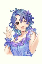 Rule 34 | 1girl, artist name, blue bow, blue dress, blue hair, bow, bow earrings, breasts, brown eyes, cleavage, collarbone, dated, dress, earrings, hair between eyes, hair bow, hand up, ichiko milk tei, idolmaster, idolmaster million live!, jewelry, large breasts, one eye closed, open mouth, parted bangs, pearl earrings, portrait, purple bow, short hair, sleeveless, sleeveless dress, smile, solo, upper body, waving, wavy hair, wrist cuffs