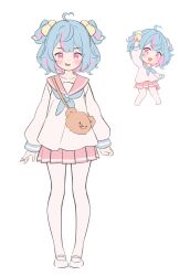 Rule 34 | 1girl, :d, ahoge, animal bag, arm up, bag, blue hair, blue neckerchief, blush, chibi, commentary, copyright request, english commentary, highres, hitsukuya, long sleeves, multicolored hair, multiple views, neckerchief, open mouth, pantyhose, pink hair, pink sailor collar, pink skirt, pleated skirt, puffy long sleeves, puffy sleeves, purple eyes, sailor collar, school uniform, serafuku, shirt, shoes, shoulder bag, simple background, skirt, smile, standing, streaked hair, two side up, white background, white footwear, white pantyhose, white shirt