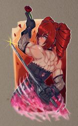 Rule 34 | alternate muscle size, amy sorel, arm behind back, bare shoulders, black dress, black gloves, broad shoulders, dress, drill hair, flower, gloves, green eyes, highres, holding, holding sword, holding weapon, muscular, muscular arms, muscular back, muscular female, red hair, reliusmax, sleeveless, sleeveless dress, soul calibur, soulcalibur, soulcalibur iii, swimsuit, sword, twin drills, upper body, weapon