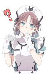 Rule 34 | 1girl, ?, absurdres, alternate hairstyle, animal print, asakura toru, blue eyes, blue hair, blush, brown hair, closed mouth, dot nose, double bun, eitopondo, floral print, flower, gloves, gradient hair, hair bun, hand on own chin, hands up, hat, highres, holding, holding stethoscope, idolmaster, idolmaster shiny colors, looking at viewer, multicolored hair, nurse, nurse cap, parted bangs, print headwear, puffy short sleeves, puffy sleeves, rabbit print, short hair, short sleeves, simple background, solo, stethoscope, tulip, two-tone shirt, upper body, white background, white gloves