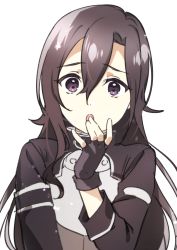 Rule 34 | 1boy, :o, armor, bad id, bad pixiv id, black coat, black eyes, black gloves, black hair, breastplate, coat, fingerless gloves, gloves, hair between eyes, hand to own mouth, hand up, highres, kirito, kirito (sao-ggo), kitasaya ai, long hair, long sleeves, looking at viewer, male focus, parted lips, simple background, solo, sword art online, upper body, white background