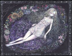 Rule 34 | 1girl, acrylic paint (medium), bare shoulders, barefoot, blonde hair, commentary request, expressionless, flat chest, flower, flower wreath, full body, highres, long hair, looking at viewer, nightgown, original, painting (medium), pale skin, picture frame, purple eyes, rose, solo, sumire shisei, sunflower, traditional media, wavy hair