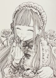 Rule 34 | 1girl, blush, bow, bow earrings, braid, closed mouth, cup, earrings, eating, closed eyes, fingernails, flower, food request, frills, grey background, greyscale, hatching (texture), highres, holding, holding cup, holding spoon, jewelry, long hair, maid, maid headdress, mole, mole under eye, mole under mouth, monochrome, original, roroichi, simple background, smile, solo, spoon, upper body