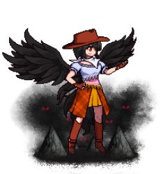 Rule 34 | 1girl, antinomy of common flowers, bandana, black hair, black wings, blue shirt, boots, breasts, brown hat, brown skirt, commentary, cowboy boots, cowboy hat, eyes in shadow, feathered wings, fingerless gloves, floating, full body, gloves, glowing, glowing eyes, hand on own hip, hand up, hat, horse girl, horse tail, knee boots, kurokoma saki, lowres, official style, one eye covered, orange skirt, pixel art, puffy short sleeves, puffy sleeves, red eyes, shadow, shirt, short hair, short sleeves, skirt, smile, solo, tail, the hammer (pixiv30862105), touhou, transparent background, wings