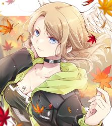 Rule 34 | 1girl, autumn, autumn leaves, black bodysuit, black choker, blue eyes, bodysuit, breast tattoo, breasts, brown hair, choker, cleavage, closed mouth, collarbone, commentary request, eunie (xenoblade), floating hair, head wings, holding, holding leaf, hood, hood down, hooded jacket, jacket, large breasts, leaf, long hair, long sleeves, looking away, open clothes, open jacket, pocket, smile, solo, tattoo, ui frara, upper body, white wings, wings, xenoblade chronicles (series), xenoblade chronicles 3