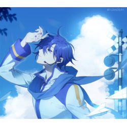 Rule 34 | 1boy, 1c3ink3tk4n, blue eyes, blue hair, blue scarf, blue sky, blue theme, coat, from side, hand up, highres, kaito (vocaloid), letter, long sleeves, looking up, male focus, nail polish, outdoors, paper airplane, railroad signal, scarf, short hair, shoujo rei (vocaloid), sky, solo, twitter username, vocaloid