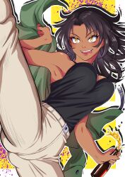 Rule 34 | 1girl, absurdres, anime coloring, armpits, bare shoulders, beer bottle, belt, bouncing breasts, breasts, brown hair, buttons, commission, dark-skinned female, dark skin, drunk, gluteal fold, green jacket, high kick, highres, jacket, kicking, large breasts, licking lips, long eyelashes, long hair, messy hair, muhamuha-moon39, open clothes, open jacket, original, outline, paint splatter, pants, sharp teeth, shiny skin, skeb commission, solo, spilling, spread legs, tan, teeth, thick thighs, thighs, tight clothes, tight pants, tongue, tongue out, upper teeth only, veins, white background, white outline, yellow background, yellow eyes