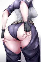 Rule 34 | 1girl, ass, ass cutout, ass focus, ass grab, ass support, belt, black gloves, breasts, chaps, close-up, clothing cutout, commission, deep skin, fingerless gloves, from behind, girls&#039; frontline, gloves, grabbing own ass, highres, large breasts, lower body, medium breasts, mg5 (girls&#039; frontline), nofuture, revealing clothes, short sleeves, solo