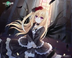 Rule 34 | 1girl, black dress, black feathers, blonde hair, breasts, date a live, date a live: spirit pledge, dress, feathers, flower, frilled dress, frills, hair flower, hair ornament, lolita fashion, long hair, long sleeves, mayuri (date a live), medium breasts, official art, pink eyes, smile, solo, upper body
