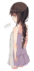 Rule 34 | 1girl, bare arms, bare shoulders, blush, braid, brown eyes, brown hair, closed mouth, cropped legs, dated, dress, grey dress, long hair, looking at viewer, looking back, maze (gochama ze gohan), original, pleated dress, signature, simple background, single braid, sketch, sleeveless, sleeveless dress, solo, very long hair, white background