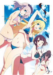 Rule 34 | 4girls, arm behind head, arm under breasts, ass, atago (kancolle), beret, bikini, unworn bikini top, black hair, blonde hair, blue bikini, blue eyes, blush, breasts, brown eyes, brown hair, butt crack, cleavage, closed mouth, collarbone, covering privates, covering breasts, flower, green bikini, green eyes, hair flower, hair ornament, hand up, hat, highres, holding, holding bikini, holding clothes, holding swimsuit, kantai collection, kashima (kancolle), large breasts, long hair, looking at viewer, merican sack, multiple girls, one eye closed, open mouth, ponytail, purple bikini, red bikini, red eyes, short hair, sidelocks, silver hair, simple background, smile, swimsuit, takao (kancolle), twintails, twisted torso, untied bikini, v, very long hair, wavy hair, white background, yamato (kancolle)