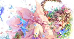 Rule 34 | 1990s (style), 1girl, absurdly long hair, aerith gainsborough, bird, bow, bracelet, brown hair, cat princess, character name, dress, drill hair, english text, final fantasy, final fantasy vii, flower, green eyes, hair bow, hair ribbon, happy birthday, highres, jewelry, leaning back, legs, long hair, looking at viewer, lying, on back, parasol, pink bow, pink dress, ponytail, ribbon, sitting, smile, solo, umbrella, very long hair