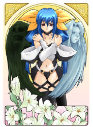 Rule 34 | 1girl, arc system works, asymmetrical wings, black thighhighs, blue hair, bow, breasts, choker, cleavage, covering privates, crossed arms, dizzy (guilty gear), flower, guilty gear, hair bow, long hair, navel, necro (guilty gear), o-no tatsuki, off shoulder, red eyes, tail, thighhighs, undine (guilty gear), wings