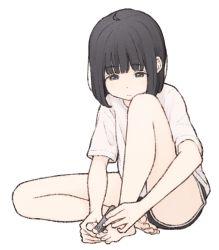 Rule 34 | 1girl, 1ssakawaguchi, applying pedicure, barefoot, black hair, black shorts, clipping nails, clipping toenails, closed mouth, feet, full body, grey eyes, hands on feet, highres, knee up, looking away, looking down, nail clippers, original, shirt, short shorts, short sleeves, shorts, simple background, solo, toenails, toes, white background, white shirt