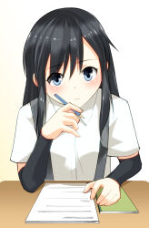Rule 34 | 1girl, arm warmers, asashio (kancolle), black hair, blue eyes, collared shirt, commentary request, dress shirt, highres, kantai collection, looking at viewer, masukuza j, notebook, paper, pen, shirt, simple background, solo, suspenders, upper body, white background, white shirt