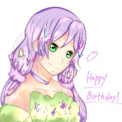 Rule 34 | 1girl, artist name, artist request, bare shoulders, blush, choker, collarbone, dress, female focus, green dress, green eyes, hair ornament, hair scrunchie, long hair, looking at viewer, love live!, love live! school idol project, moment etu, purple choker, purple hair, purple scrunchie, scrunchie, solo, tojo nozomi, twintails, white background