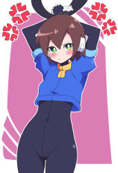 Rule 34 | 1girl, absurdres, aile (mega man zx), arms up, black bodysuit, blush, bodysuit, brown hair, buzzlyears, covered navel, cropped jacket, green eyes, highres, mega man (series), mega man zx, paid reward available, restrained, robot ears, short hair, simple background, solo