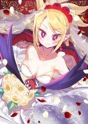 Rule 34 | 1boy, 1girl, adell (disgaea), bare shoulders, blonde hair, blush, bouquet, breasts, bridal veil, bride, cleavage, commentary request, demon girl, demon wings, disgaea, dress, flower, hair flower, hair ornament, highres, holding, holding bouquet, large breasts, looking at viewer, makai senki disgaea 2, mini person, miniboy, negi (ulog&#039;be), petals, pointy ears, red eyes, red flower, red rose, rose, rose petals, rozalin, smile, strapless, strapless dress, veil, wedding dress, white dress, wings, yellow flower, yellow rose