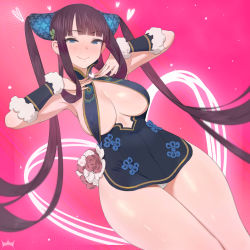 Rule 34 | 1girl, black dress, blue eyes, blunt bangs, blush, breasts, china dress, chinese clothes, closed mouth, dress, fate/grand order, fate (series), hair ornament, halterneck, heart, large breasts, leaf hair ornament, long hair, looking at viewer, panties, pink background, pink crown (pinkcrownpink), purple hair, short dress, sidelocks, smile, solo, thighs, twintails, underwear, white panties, yang guifei (fate), yang guifei (second ascension) (fate)