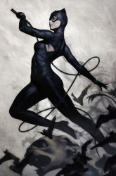 Rule 34 | 1girl, armpit cutout, bat (animal), batman (series), black bodysuit, black gloves, bodysuit, catwoman, clothing cutout, dc comics, domino mask, from side, gloves, highres, holding, holding whip, jumping, latex, latex bodysuit, mask, midair, realistic, smile, solo, stanley lau, too many, too many bats, whip