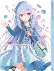 Rule 34 | 1girl, :d, bag, black footwear, blue dress, blue hair, blue jacket, blush, conch, dress, frilled dress, frills, hair between eyes, jacket, lala tramont, long hair, long sleeves, looking at viewer, open clothes, open jacket, open mouth, original, purple eyes, sandals, seashell, shell, shoulder bag, sleeves past wrists, smile, solo, standing, standing on one leg, starfish, very long hair, white background, yuuki rika