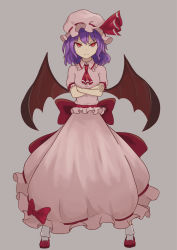 Rule 34 | 1girl, ascot, blue hair, bow, crossed arms, dress, hat, hat bow, hitsune, looking at viewer, mob cap, red eyes, remilia scarlet, sash, short hair, smile, solo, touhou, wings