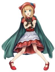 Rule 34 | 1girl, alternate costume, alternate eye color, alternate hair color, annie (league of legends), blonde hair, blunt bangs, blush, cape, crossed arms, dress, erementa, full body, green eyes, hood, league of legends, mary janes, no socks, open mouth, red riding annie, shoes, solo, stuffed animal, stuffed toy, teddy bear, white background