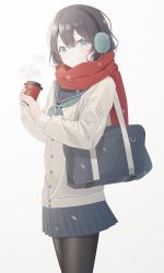 Rule 34 | 1girl, azuki (ckxs7444), bag, blue sailor collar, blue skirt, blush, brown hair, closed mouth, coffee, coffee cup, cropped legs, cup, disposable cup, earmuffs, enpera, green eyes, hair between eyes, highres, holding, holding cup, long hair, long sleeves, looking at viewer, original, pleated skirt, red neckwear, red scarf, sailor collar, scarf, school bag, school uniform, serafuku, shirt, simple background, skirt, solo, uniform, white background, white shirt