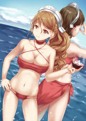 Rule 34 | 10s, 2girls, adjusting eyewear, alcohol, back-to-back, bd, bikini, breasts, brown eyes, brown hair, cup, day, drinking glass, dutch angle, glasses, hand on own hip, highres, kantai collection, large breasts, littorio (kancolle), long hair, multiple girls, ocean, pince-nez, ponytail, red bikini, roma (kancolle), sarong, short hair, swimsuit, water, wine, wine glass