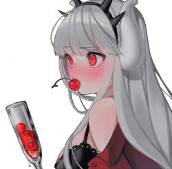 Rule 34 | 1girl, absurdres, alcohol, bare shoulders, black bra, blunt bangs, blush, bra, breasts, cherry, collared shirt, commentary, cup, demon girl, demon horns, drinking glass, food, from side, fruit, gloves, grey hair, grey horns, guunhanchi, helltaker, highres, holding, horns, jacket, lace, lace-trimmed bra, lace trim, long hair, long sleeves, looking at viewer, looking away, lucifer (helltaker), medium breasts, mole, mole under eye, mouth hold, open clothes, open shirt, red eyes, red shirt, shirt, sidelocks, simple background, solo, underwear, white background, wine, wine glass