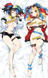 Rule 34 | absurdres, animal print, ankle bow, ankle ribbon, bikini, bikini pull, bow, breasts, censored, censored by text, clothes pull, dakimakura (medium), eyewear on head, fate/grand order, fate (series), grin, headphones, headphones around neck, heart, heart-shaped eyewear, highres, jacket, large breasts, leg ribbon, leopard print, multicolored hair, navel, one eye closed, red jacket, ribbon, second-party source, sei shounagon (fate), sei shounagon (swimsuit berserker) (fate), sei shounagon (swimsuit berserker) (second ascension) (fate), short shorts, shorts, smile, sunglasses, swimsuit, thigh strap, tochi keisuke, twintails, v over eye, visor cap, white jacket