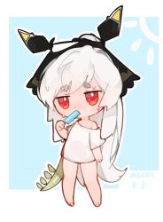 Rule 34 | 1girl, arknights, barefoot, blue background, blush, character name, commentary request, dated, eating, food, full body, grey hair, highres, holding, holding food, long hair, looking at viewer, naked shirt, nose blush, off shoulder, ponytail, popsicle, red eyes, shirt, shixietianhen, short eyebrows, short sleeves, solo, standing, sun symbol, sweat, thick eyebrows, two-tone background, very long hair, weedy (arknights), white background, white shirt