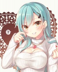 Rule 34 | 10s, 1girl, blush, breasts, cleavage, cleavage cutout, clothing cutout, earrings, grin, hair ornament, hairclip, heart, heart-shaped lock, heart necklace, highres, jewelry, jpeg artifacts, kantai collection, large breasts, lock, long hair, looking at viewer, md5 mismatch, meme attire, musical note, nail polish, necklace, open-chest sweater, quaver, red nails, resized, resolution mismatch, ribbed sweater, smile, solo, source larger, speech bubble, spoken musical note, striped, striped background, suzuya (kancolle), sweater, toosaka asagi, turtleneck, upper body, vertical stripes, yellow eyes