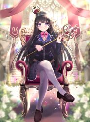 Rule 34 | 1girl, bad id, bad pixiv id, banner, black hair, blazer, blunt bangs, blunt ends, bow, bowtie, brown footwear, brown sweater, closed mouth, collared shirt, commentary request, crossed legs, crown, full body, hair ornament, hairclip, highres, holding, holding scepter, jacket, loafers, long hair, long sleeves, looking at viewer, mini crown, nijisanji, no nose, nozomi fuuten, pink bow, pink bowtie, plaid, plaid skirt, pocket, purple eyes, scepter, school uniform, shirt, shoes, sitting, skirt, smile, solo, sunlight, sweater, thighhighs, throne, tsukino mito, tsukino mito (1st costume), unmoving pattern, very long hair, virtual youtuber, white shirt, white thighhighs