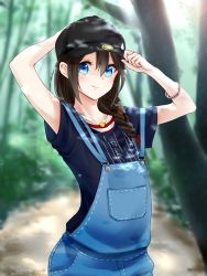 Rule 34 | 10s, 1girl, adjusting clothes, adjusting headwear, alternate costume, aoi rin (miya1102), blue eyes, blurry, braid, brown hair, depth of field, hair over shoulder, hat, highres, kantai collection, long hair, overalls, peaked cap, shigure (kancolle), single braid, solo, tree