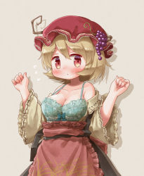 Rule 34 | 1girl, aki minoriko, apron, arinu, beige background, blonde hair, bow, bow bra, bra, breasts, cleavage, collarbone, commentary request, flying sweatdrops, food, food-themed hair ornament, fruit, grape hair ornament, grapes, green bra, hair ornament, hat, highres, looking at viewer, medium breasts, mob cap, red apron, red eyes, red hat, shirt down, short hair, simple background, solo, touhou, underwear, wide sleeves