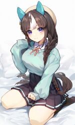 Rule 34 | 1girl, absurdres, animal ears, beret, braid, braided ponytail, breasts, brown hair, collared shirt, ear covers, green sweater, grin, hair over shoulder, hat, high-waist skirt, highres, hokko tarumae (umamusume), horse ears, horse girl, horse tail, kneehighs, large breasts, long hair, looking at viewer, miniskirt, multicolored hair, neck ribbon, pleated skirt, purple eyes, ribbon, seiza, shino sto, shirt, sitting, skirt, sleeves past wrists, smile, socks, solo, streaked hair, sweater, sweater tucked in, tail, umamusume