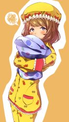 Rule 34 | 1girl, bad id, bad pixiv id, blue eyes, blush, bow, brown hair, commentary request, dice gt, floral print, frills, furrowed brow, hat, highres, idolmaster, idolmaster million live!, long sleeves, looking at viewer, mob cap, hugging object, orange background, outline, pajamas, pillow, pillow hug, pocket, puzzle piece print, red bow, sleeves past wrists, solo, spoken squiggle, squiggle, standing, suou momoko