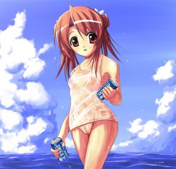 Rule 34 | 00s, 1girl, akayoshi hajime, brand name imitation, breasts, brown eyes, brown hair, cameltoe, can, covered erect nipples, day, drink can, mahou sensei negima!, nipples, one-piece swimsuit, pocari sweat, sakura mei, school swimsuit, see-through, sky, small breasts, soda can, solo, swimsuit, water, wet