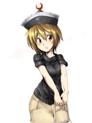 Rule 34 | 1girl, alternate costume, blonde hair, brown eyes, casual, contemporary, crescent, face, female focus, harusame (unmei no ikasumi), hat, lunasa prismriver, pants, short hair, simple background, smile, solo, sweater, touhou, v arms, yellow eyes