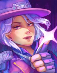 Rule 34 | 1girl, artist name, ashe (overwatch), cowboy hat, earrings, fingerless gloves, gloves, hangzhou spark ashe, hat, highres, jewelry, looking at viewer, mole, necktie, open mouth, overwatch, overwatch 1, overwatch league, pink eyes, solo, sparkle, teeth, white hair