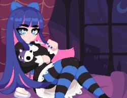 Rule 34 | black dress, blue bow, blue eyes, blush, bow, cake, cake slice, crescent moon, dress, food, fork, holding, holding fork, holding stuffed toy, looking at viewer, minimilieu, moon, night, panty &amp; stocking with garterbelt, pink hair, purple hair, purple nails, sitting, stocking (psg), striped clothes, striped thighhighs, stuffed toy, thighhighs