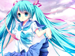 1girl aqua_eyes aqua_hair female_focus hair_ribbon hatsune_miku long_hair nametakenoko ribbon school_uniform serafuku skirt skirt_hold solo totsuka_(kapadaizin) twintails very_long_hair vocaloid