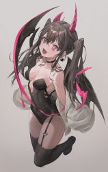 Rule 34 | 1girl, absurdres, black eyes, black footwear, black leotard, black thighhighs, breasts, brown hair, choker, cleavage, collarbone, earrings, fang, garter straps, grey hair, heart, heart-shaped pupils, heart earrings, heterochromia, highres, horns, jewelry, leotard, long hair, mismatched pupils, off shoulder, open mouth, original, pink eyes, shirt, shoes, sidelocks, simple background, skin fang, small breasts, smile, solo, symbol-shaped pupils, thighhighs, twintails, white shirt, wings, zutsuyaku