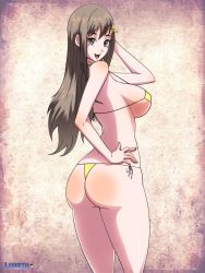 Rule 34 | 1girl, ass, atelier (series), atelier totori, bare shoulders, bikini, breasts, brown eyes, brown hair, cecilia helmold, female focus, hair ornament, hairpin, hand on own hip, highres, large breasts, layerth, long hair, looking at viewer, looking back, open mouth, shiny skin, side-tie bikini bottom, sideboob, smile, solo, swimsuit, thong, thong bikini, yellow bikini