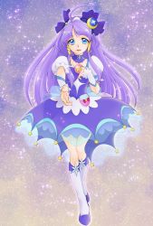Rule 34 | 1girl, ahoge, aizen (syoshiyuki), blue eyes, boots, bow, cure selene, detached collar, dress, full body, hair bow, hair ornament, hair tubes, highres, kaguya madoka, knee boots, long hair, looking at viewer, magical girl, outstretched hand, precure, puffy sleeves, purple background, purple bow, purple dress, purple hair, purple theme, sidelocks, smile, solo, standing, star (symbol), star twinkle precure, white footwear, wrist cuffs