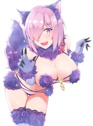 Rule 34 | 1girl, :d, animal ears, backlighting, bare shoulders, bent over, blush, breasts, claw pose, claws, cleavage, cowboy shot, dog ears, elbow gloves, eyes visible through hair, fang, fate/grand order, fate (series), fur trim, gloves, hair over one eye, halloween, halloween costume, halterneck, head tilt, lace, lace-trimmed legwear, lace trim, large breasts, looking at viewer, mash kyrielight, mash kyrielight (dangerous beast), navel, o-ring, o-ring top, official alternate costume, open mouth, parted bangs, pink eyes, pink hair, purple eyes, purple gloves, purple hair, purple thighhighs, revealing clothes, ribbon, sano jinya, short hair, simple background, smile, solo, standing, tail, thighhighs, white background, wolf ears, wolf tail